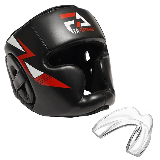 Black boxing headgear with clear mouthguard, contoured foam, and loop straps for martial arts