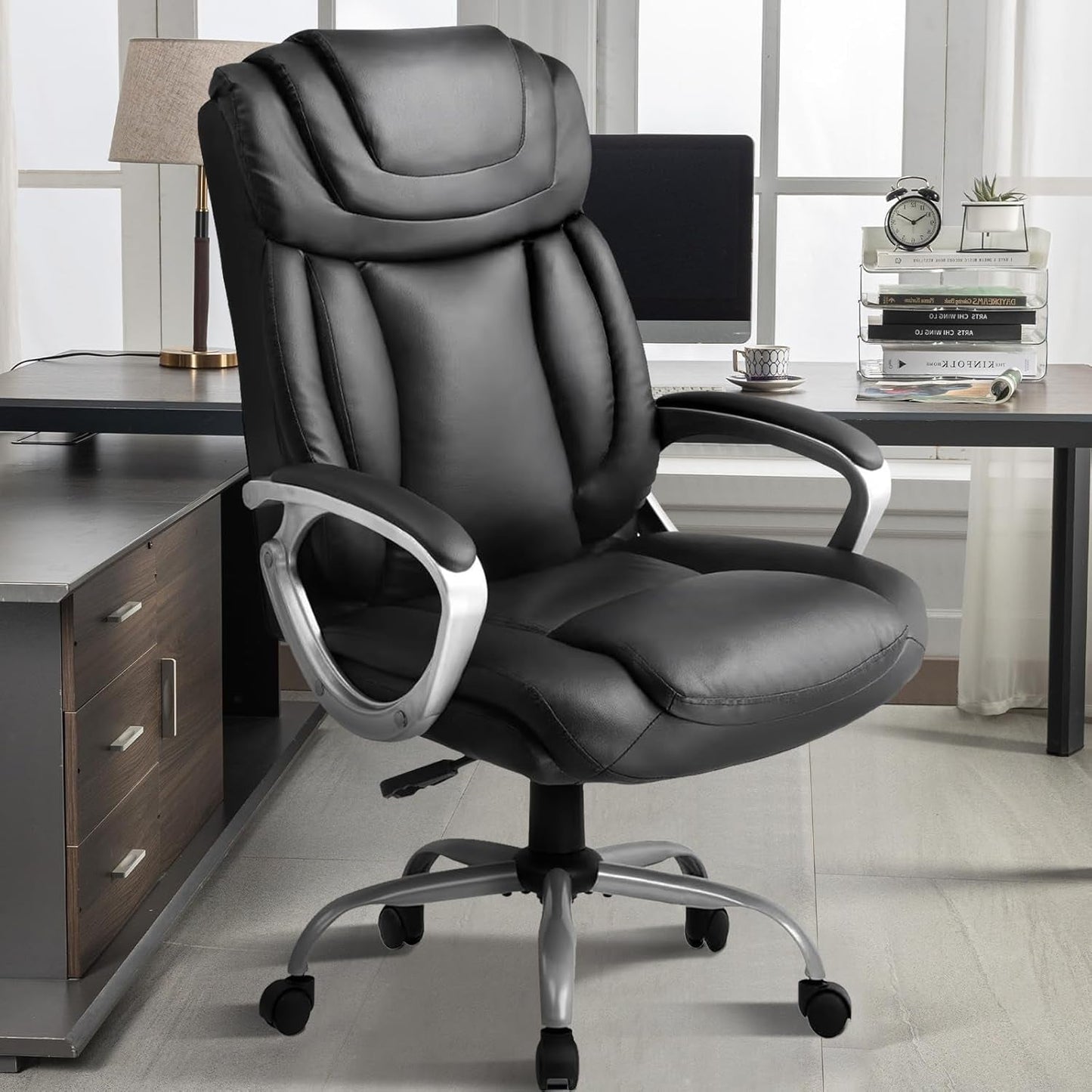 Ergonomic Office Chair Home Office Desk Chairs Comfy Back Support PU Leather Executive Office Chair with Wheels Headrest Padded Armrests Height Adjustable Tilt Swivel Rolling Reclining Seat-0