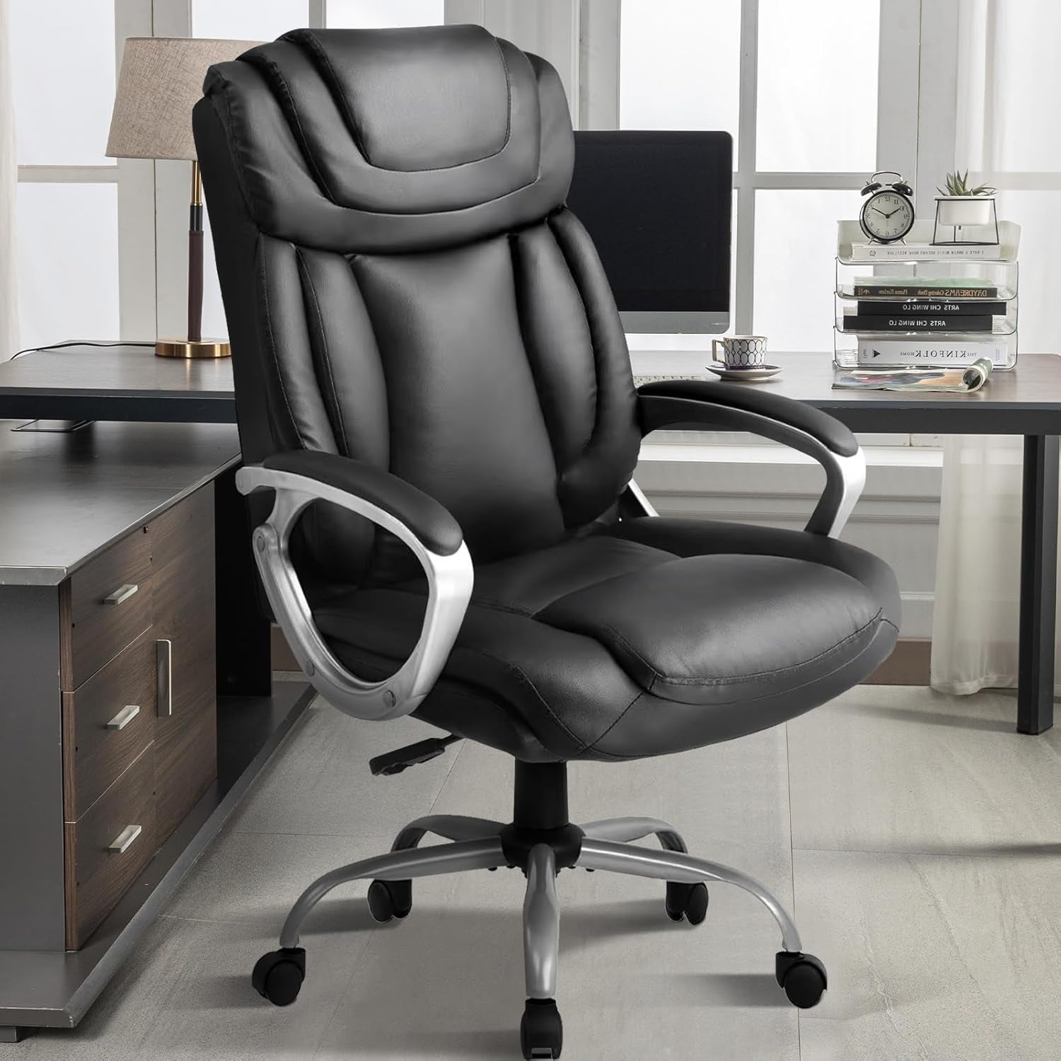 Ergonomic Office Chair Home Office Desk Chairs Comfy Back Support PU Leather Executive Office Chair with Wheels Headrest Padded Armrests Height Adjustable Tilt Swivel Rolling Reclining Seat-0