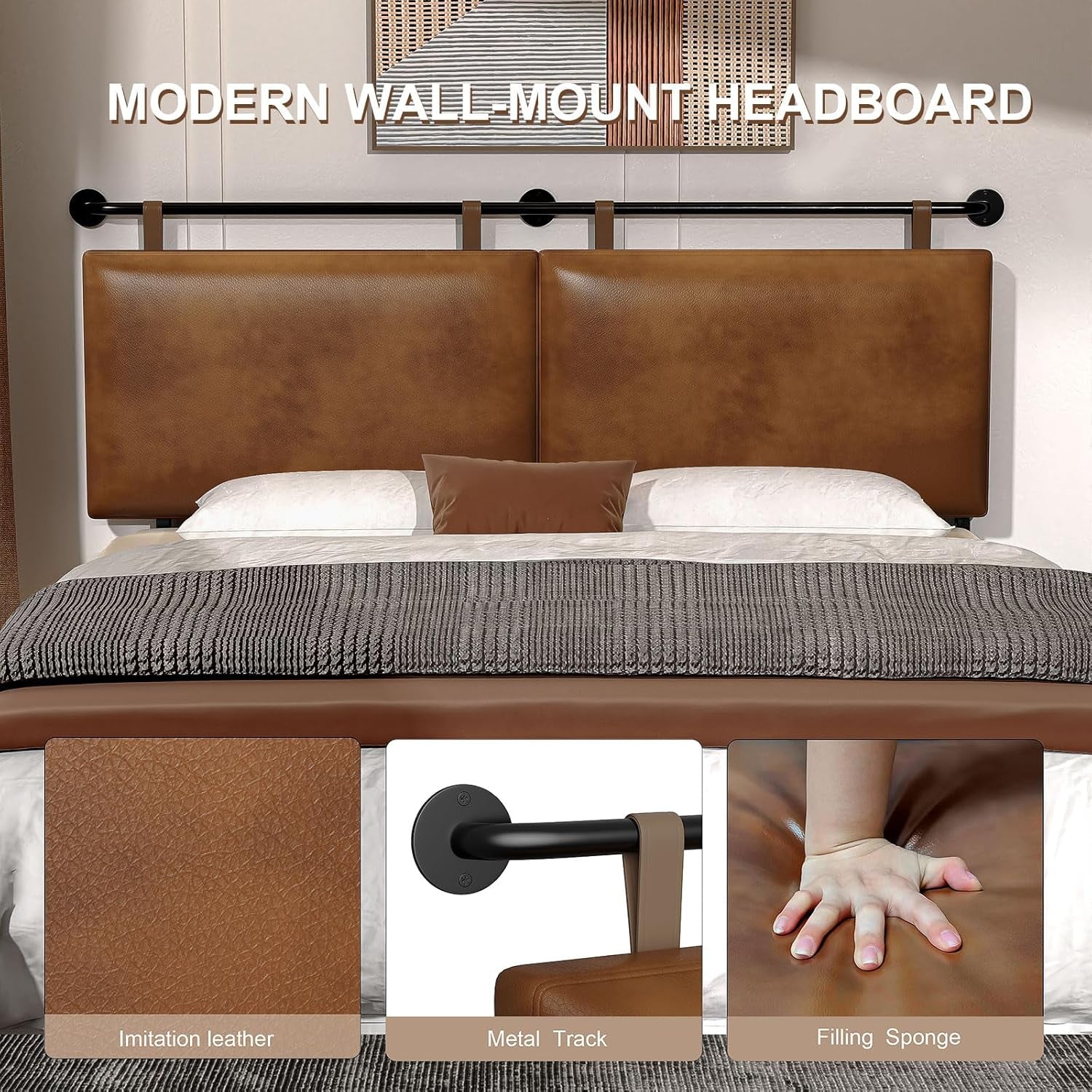Brown King Size Wall Mounted PU Leather Headboard-3