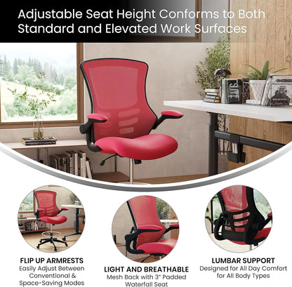Kelista Mid-Back Swivel Office Chair with Adjustable Seat Height, Ergonomic Mesh Desk Chair with Flip-Up Armrests, Red-3