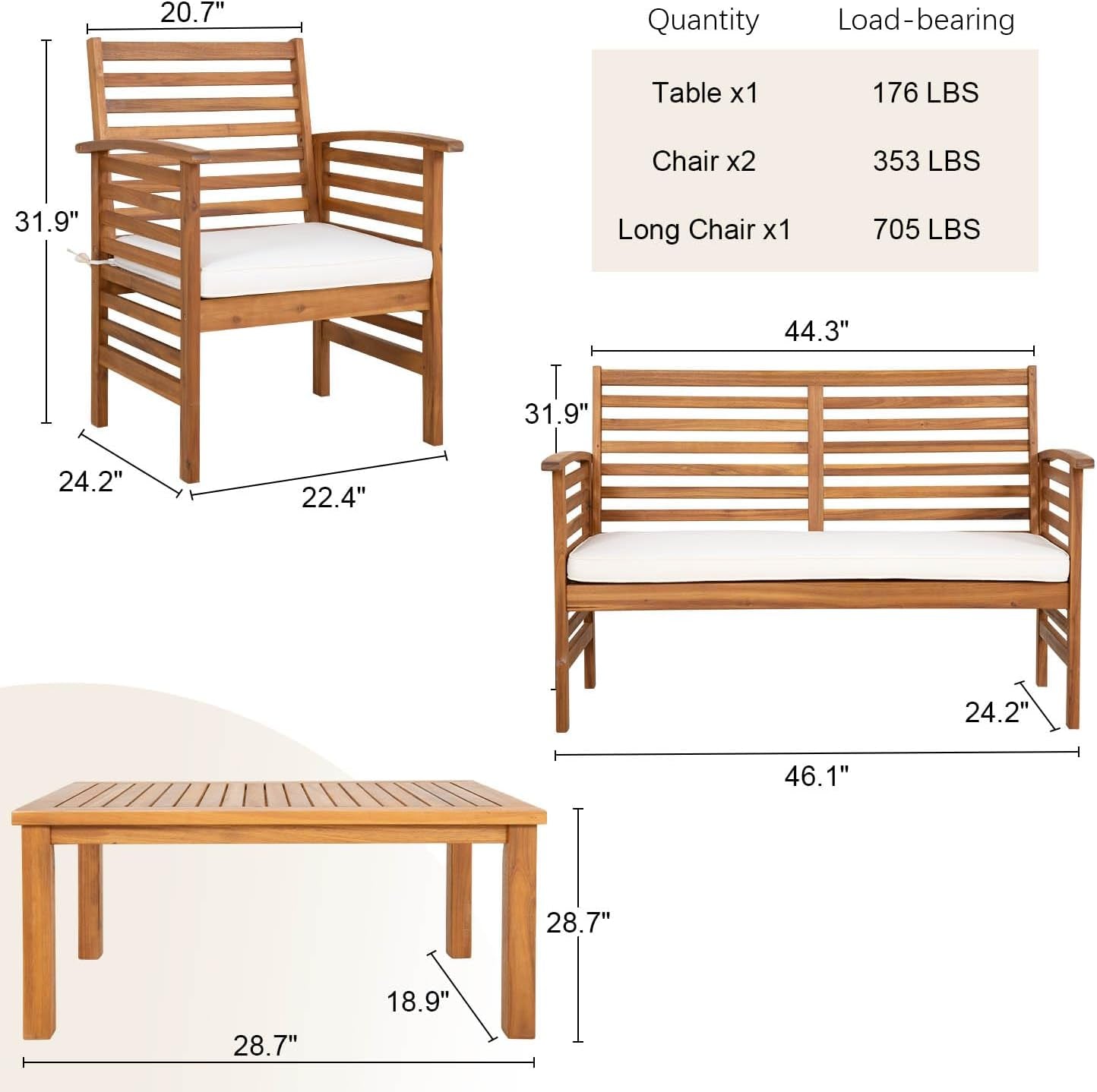 Outdoor Wood Sofa Set Patio Conversation Sets Acacia Patio Sofas Set with Thick and Soft Cushions Easy to Assemble Patio Furniture Set Natural Acacia Wood Compact and Sturdy Design Furniture Set-1