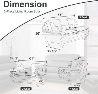 Modern Living Room Furniture Set,Leather Sofa Set for Living Room,Leather Couch Living Room Set for Office (Sofa and Loveseat Set,Black 2)-1