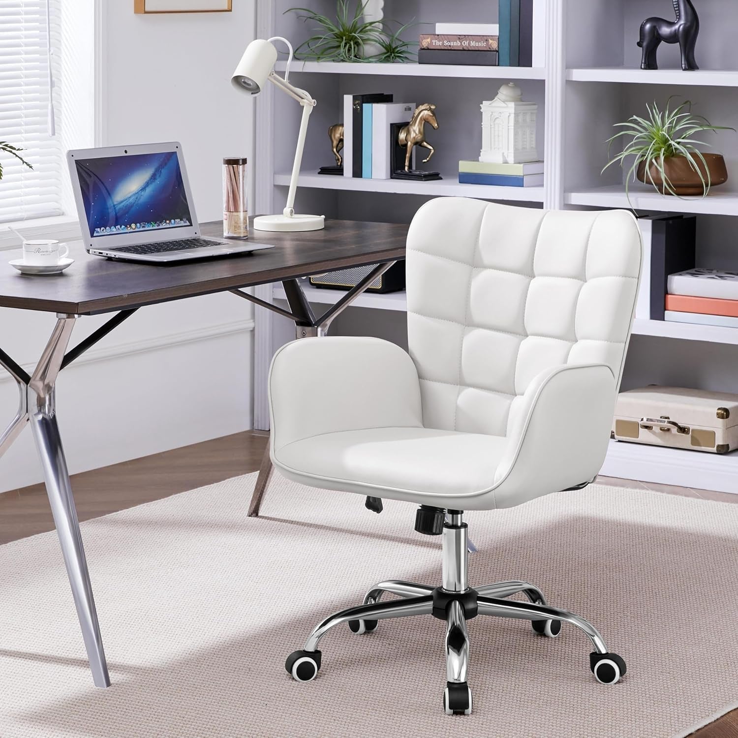 Faux Leather Office Chair Modern Vanity Chair Ergonomic Adjustable Makeup Chair with Padded Armrests Big Seat for Office, Bedroom, Living Room, White-3