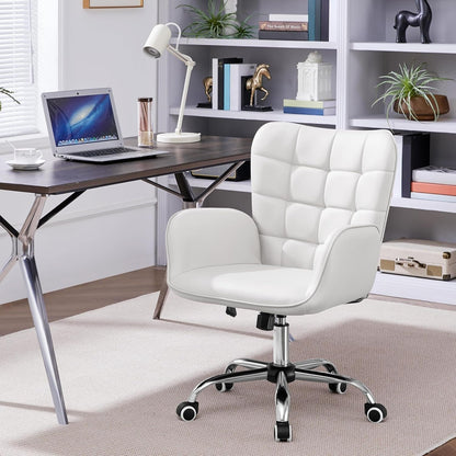 Faux Leather Office Chair Modern Vanity Chair Ergonomic Adjustable Makeup Chair with Padded Armrests Big Seat for Office, Bedroom, Living Room, White-3
