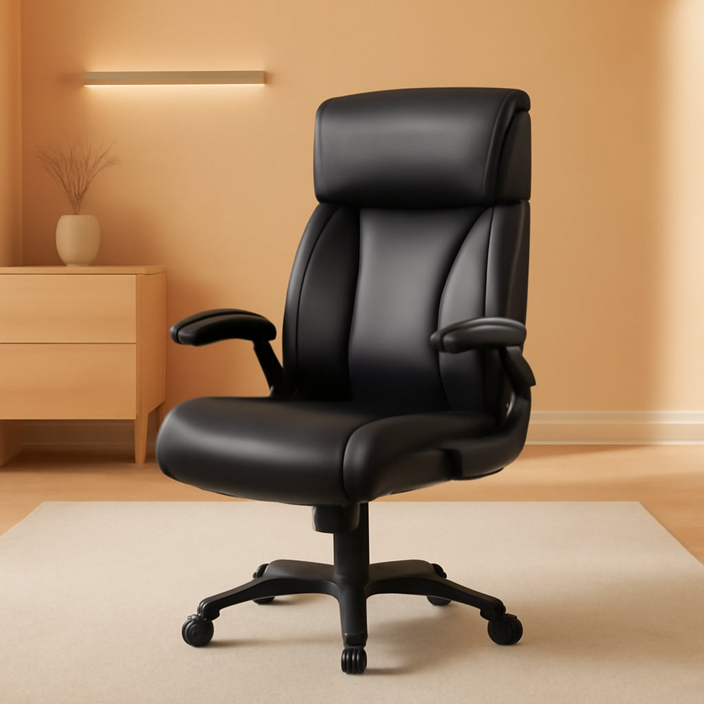 Big Tall Leather Office Chair, Lumbar, Flip-Up Arms-0
