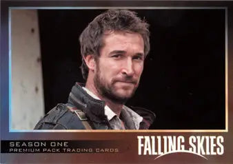 Portrait of bearded man in leather jacket on Falling Skies promo card from SDCC 2012