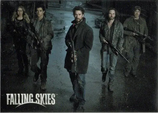 Promotional poster for Falling Skies featuring armed characters on a box topper card