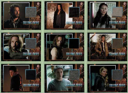 Collage of character portraits from Falling Skies with autograph trading cards set