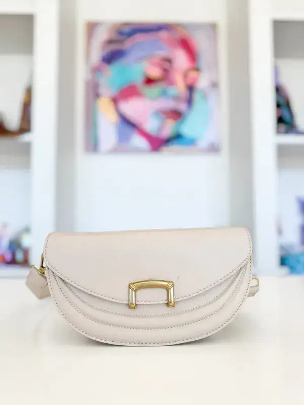 Fame Buckle Closure Crescent Faux Leather Crossbody Bag - Beige / One Size