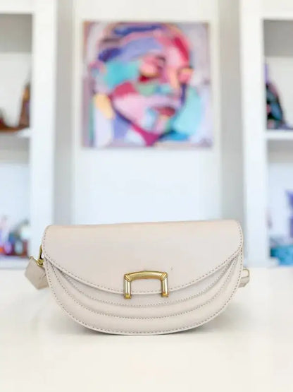 Fame Buckle Closure Crescent Faux Leather Crossbody Bag - Beige / One Size