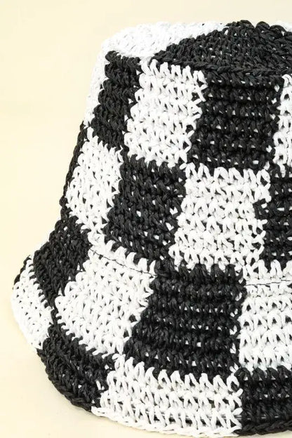 Fame Checkered Pattern Knit Bucket Hat - Black / One Size - Knit Bucket Hat