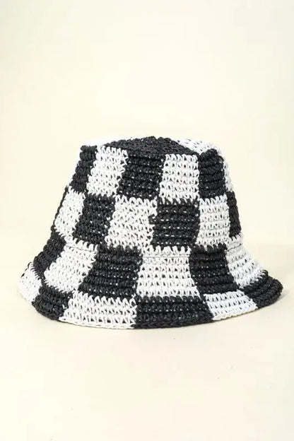 Fame Checkered Pattern Knit Bucket Hat - Black / One Size - Knit Bucket Hat
