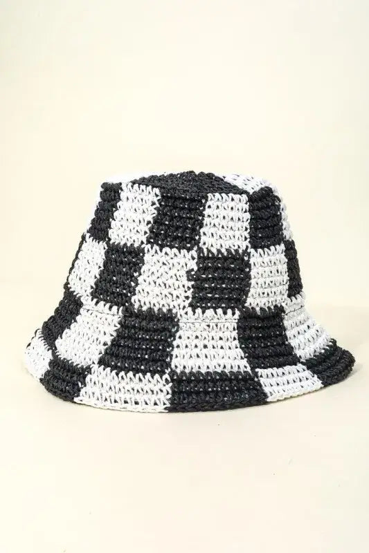 Fame Checkered Pattern Knit Bucket Hat - Black / One Size - Knit Bucket Hat
