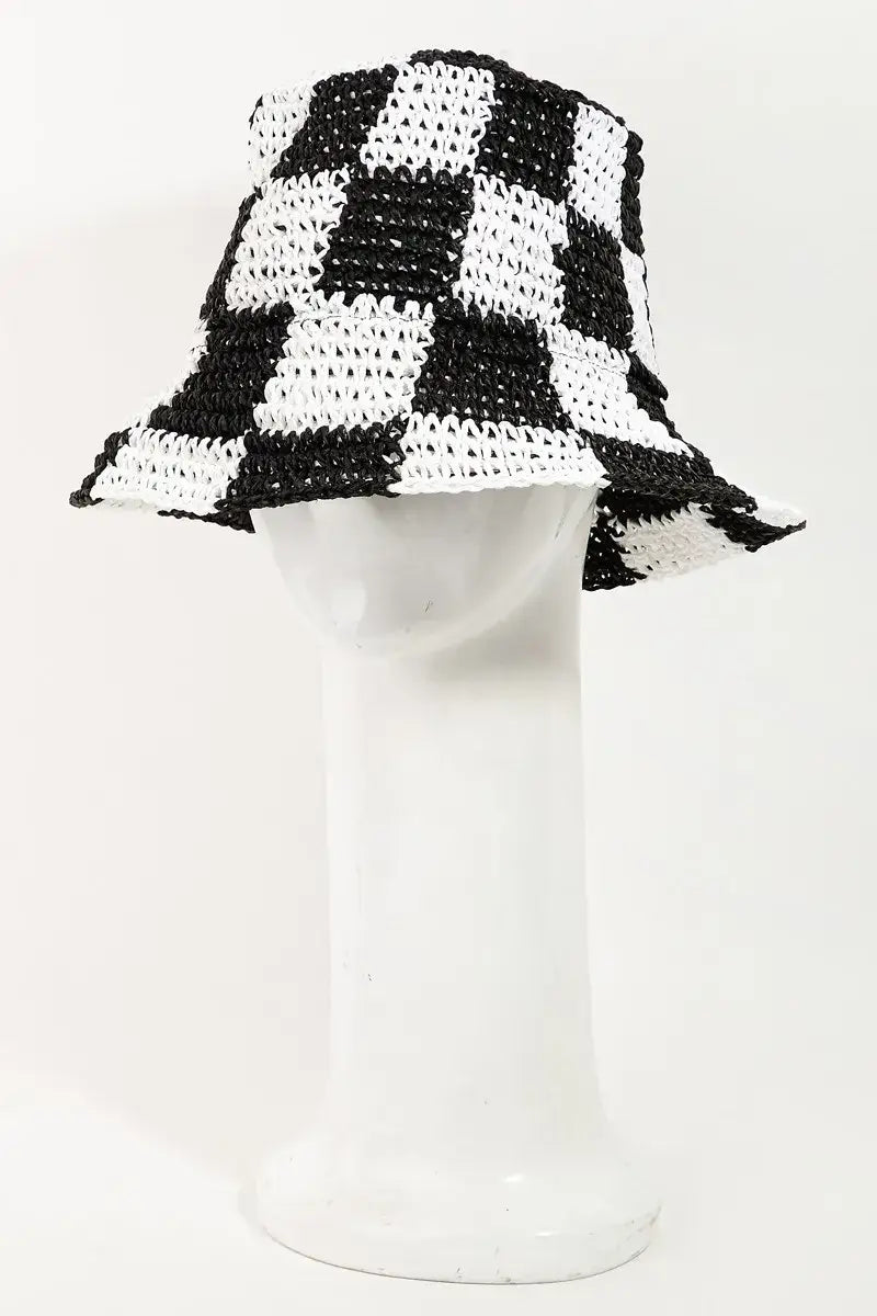 Fame Checkered Pattern Knit Bucket Hat - Black / One Size - Knit Bucket Hat