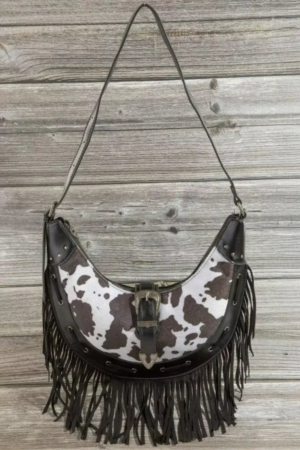 Fame Cow Print Faux Leather Fringe Hobo Bag - BW / one size