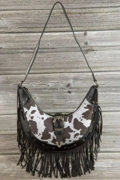 Fame Cow Print Faux Leather Fringe Hobo Bag - BW / one size