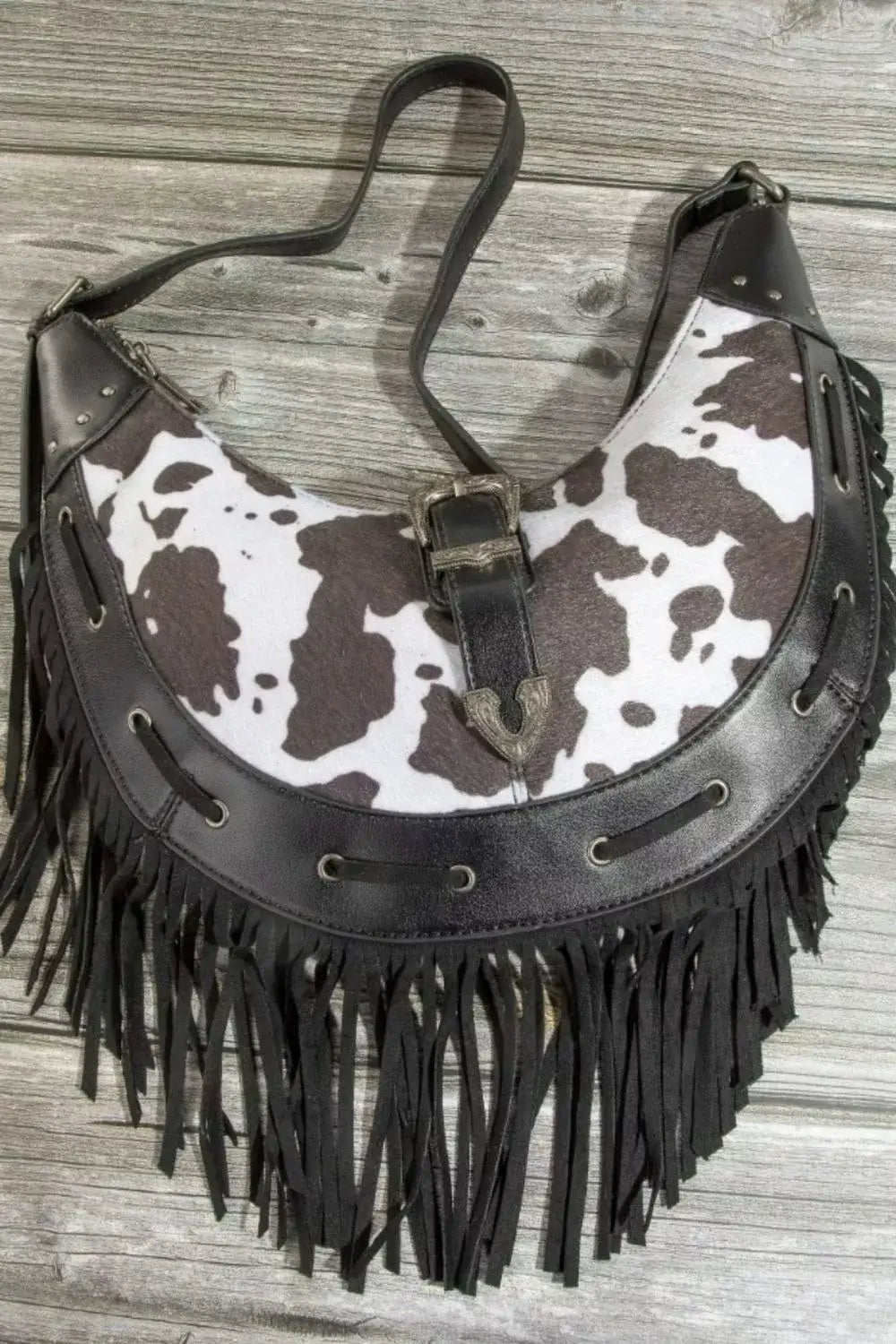 Fame Cow Print Faux Leather Fringe Hobo Bag - BW / one size