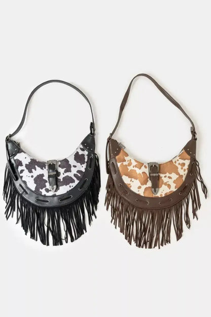 Fame Cow Print Faux Leather Fringe Hobo Bag - BW / one size