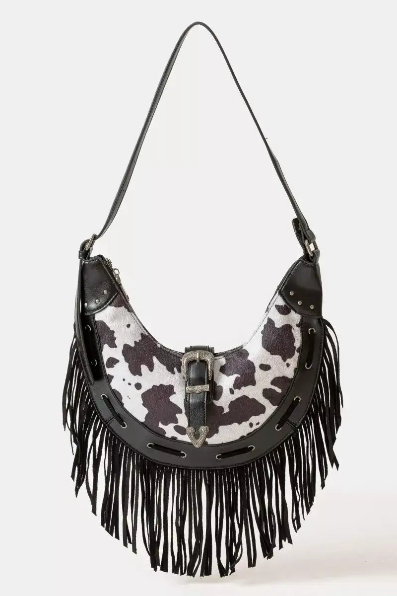 Fame Cow Print Faux Leather Fringe Hobo Bag - BW / one size