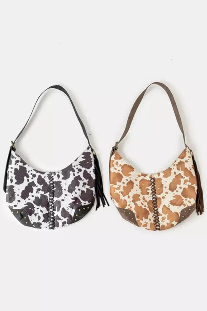 Fame Cow Print Hobo Shoulder Bag with Studded Details - BW / one size - Shoulder Bag with Studded
