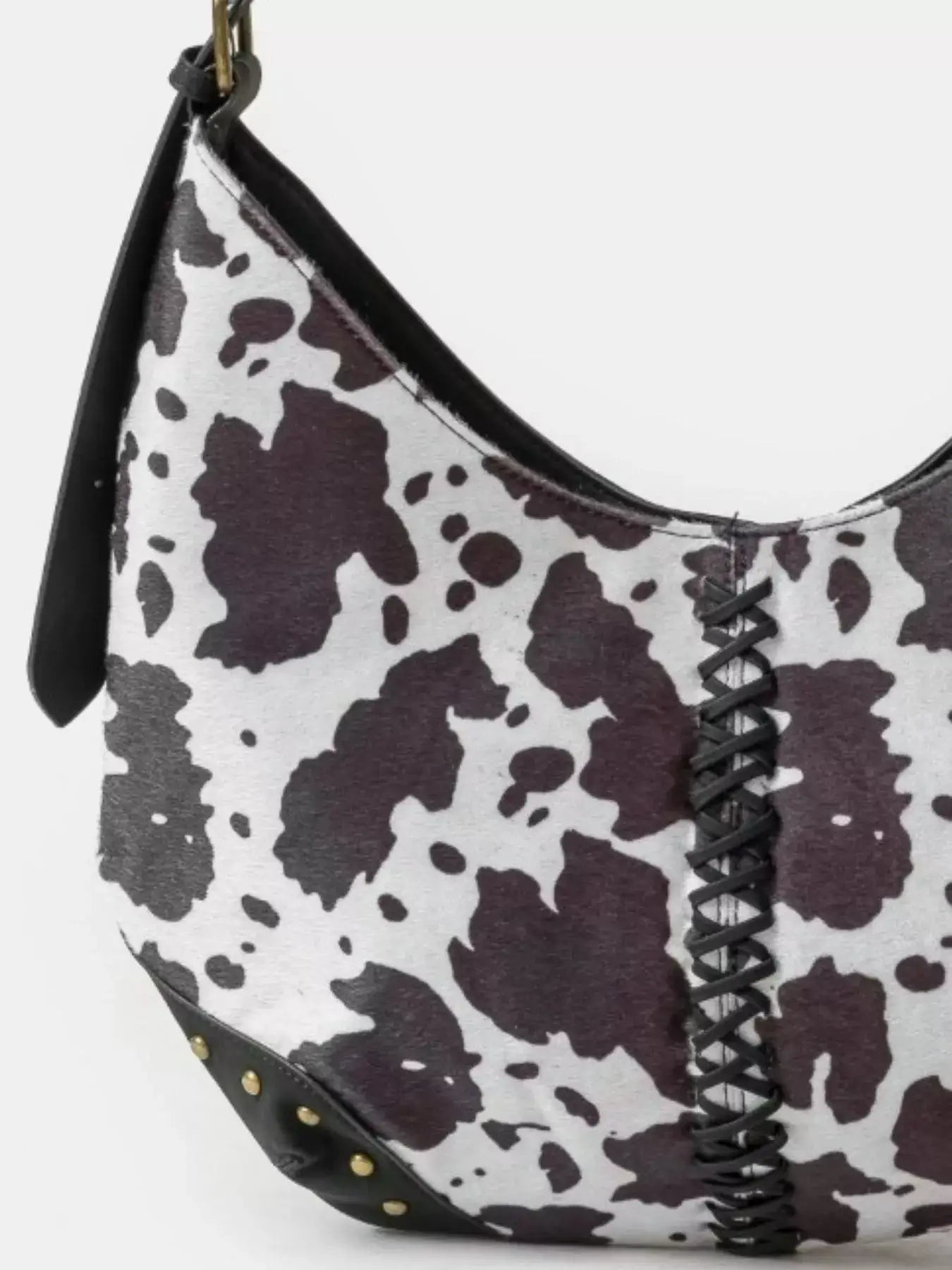 Fame Cow Print Hobo Shoulder Bag with Studded Details - BW / one size - Shoulder Bag with Studded