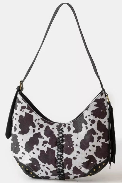 Fame Cow Print Hobo Shoulder Bag with Studded Details - BW / one size - Shoulder Bag with Studded