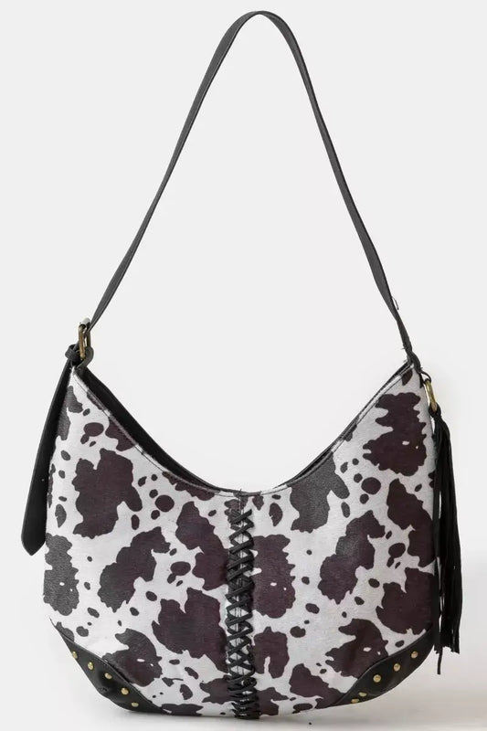 Fame Cow Print Hobo Shoulder Bag with Studded Details - BW / one size - Shoulder Bag with Studded