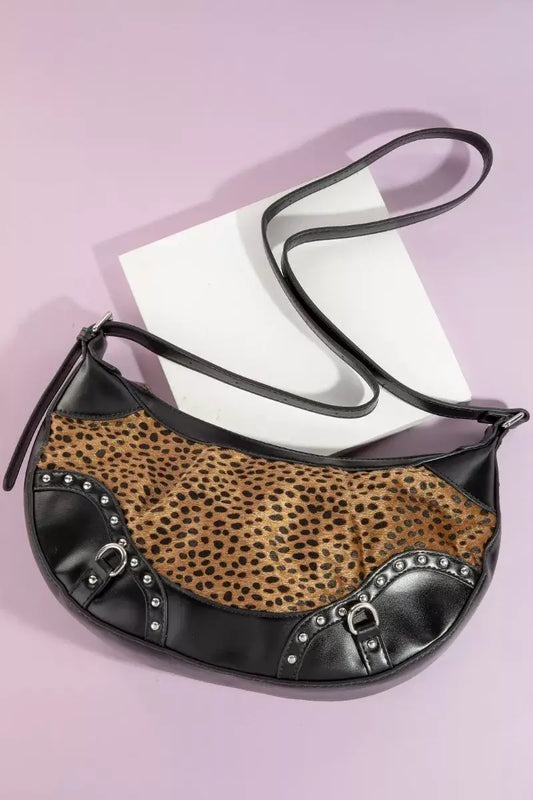 Fame Dark Spotted Leopard Print Half Moon Shoulder Bag - LE / one size - Print Half Moon Shoulder Bag