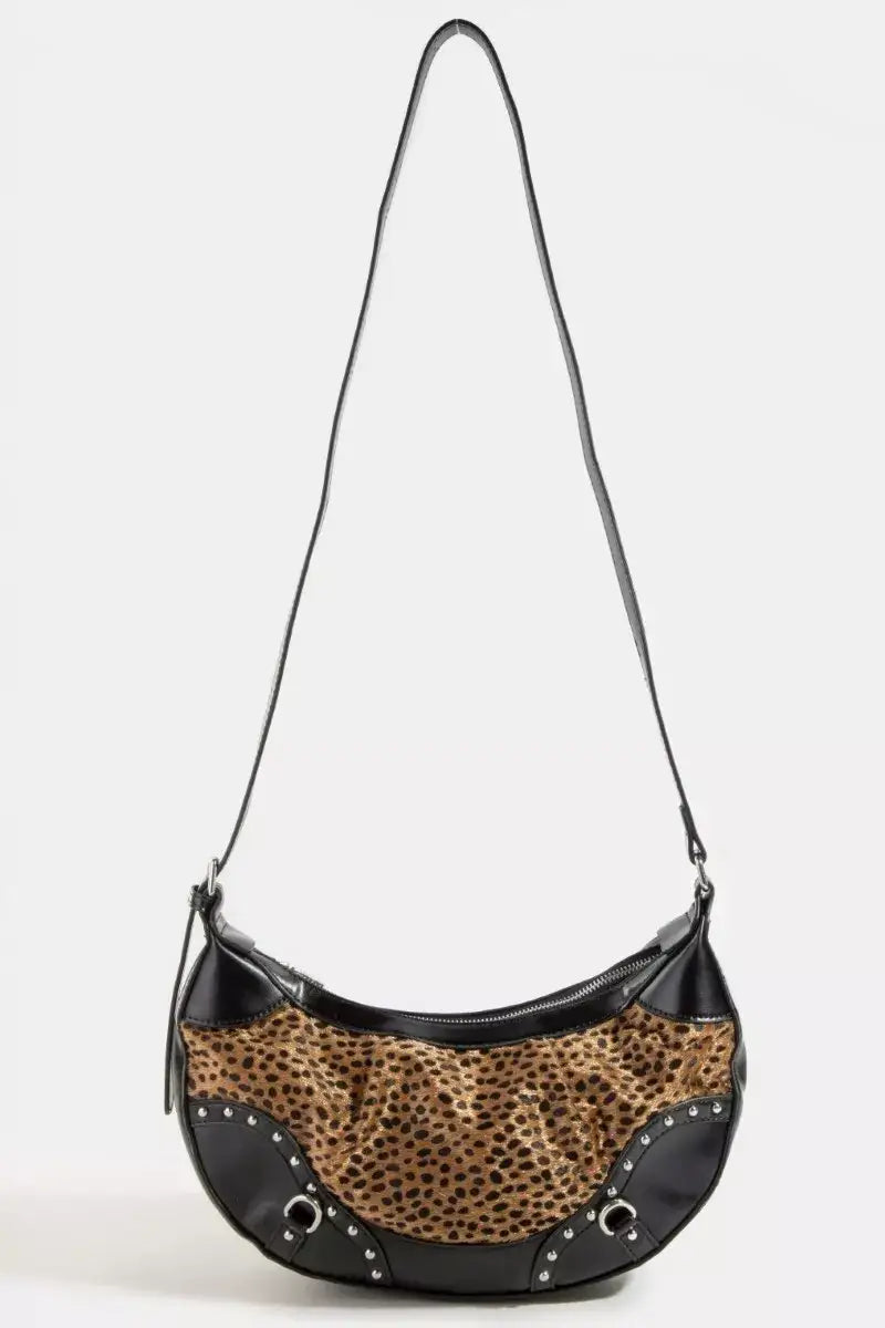 Fame Dark Spotted Leopard Print Half Moon Shoulder Bag - LE / one size - Print Half Moon Shoulder Bag
