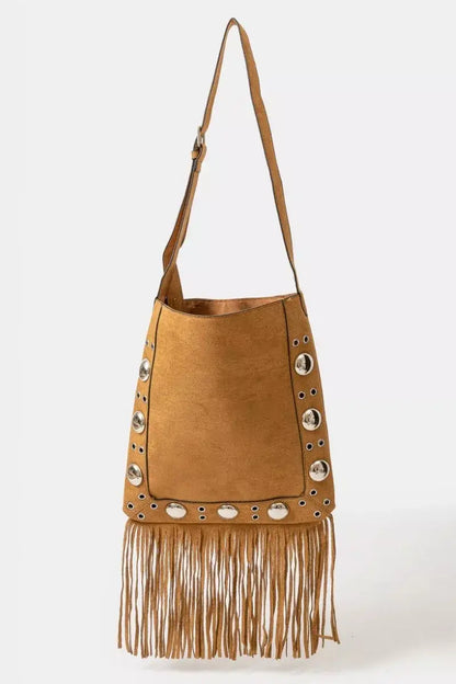 Fame Faux Suede Grommet Accent Fringe Tote Bag - LBR / one size