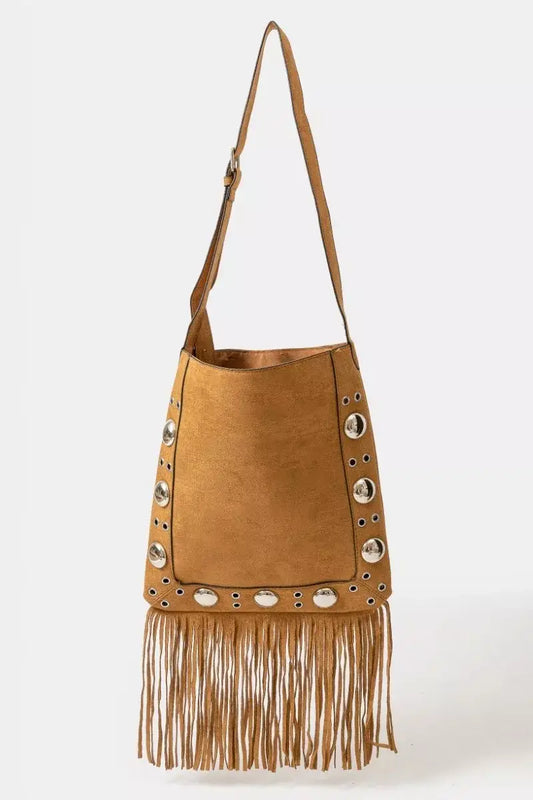 Fame Faux Suede Grommet Accent Fringe Tote Bag - LBR / one size