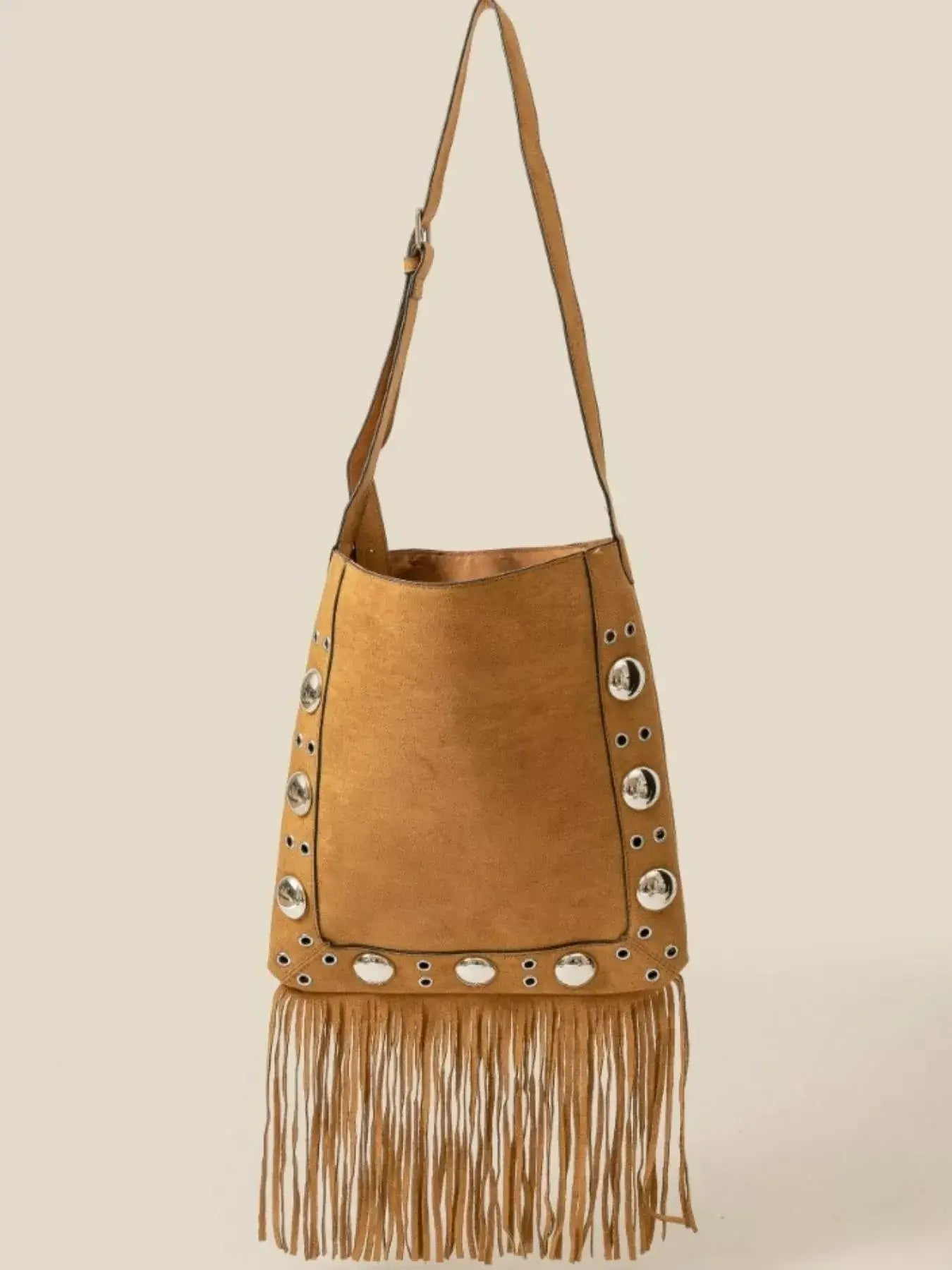 Fame Faux Suede Grommet Accent Fringe Tote Bag - LBR / one size