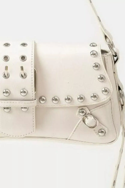 Fame Glossy Faux Leather Rivet Trim Shoulder Bag - IV / one size
