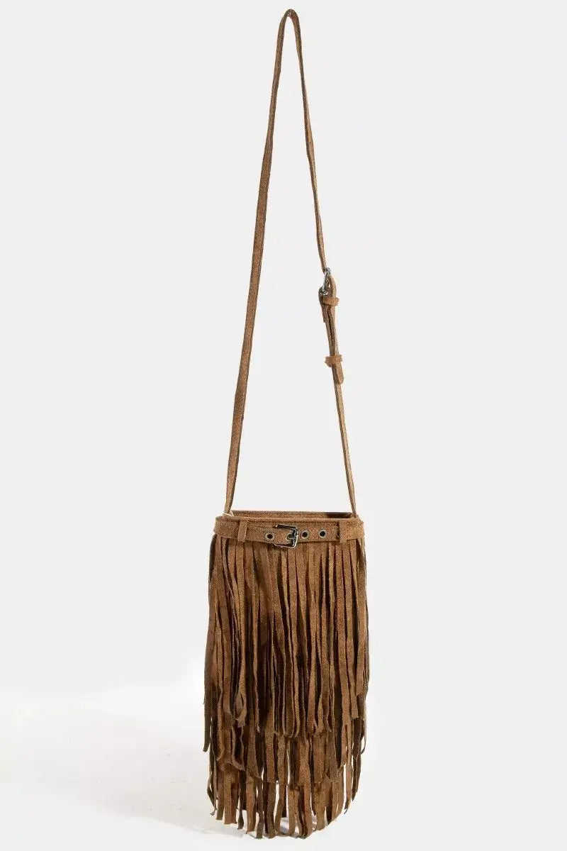 Fame Long Fringe Bucket Shoulder Bag - DBR / one size
