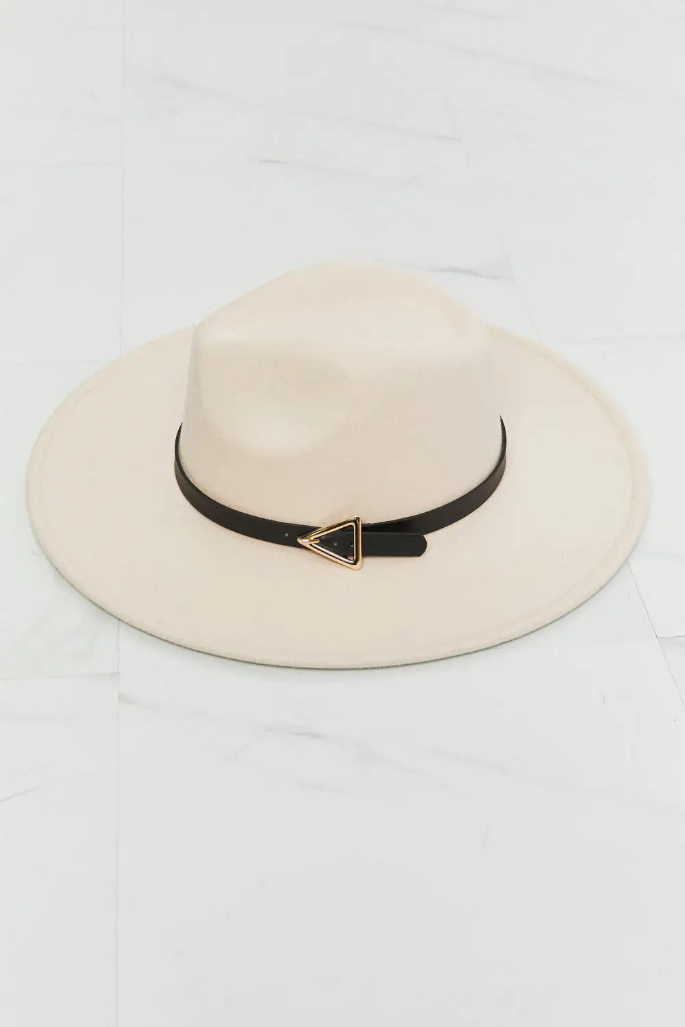 Cream fedora hat with black faux leather band and triangle buckle, Fame Ride Along Fedora style