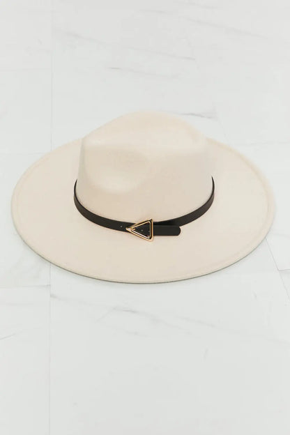 Cream fedora hat with black faux leather band and triangle buckle, Fame Ride Along Fedora style