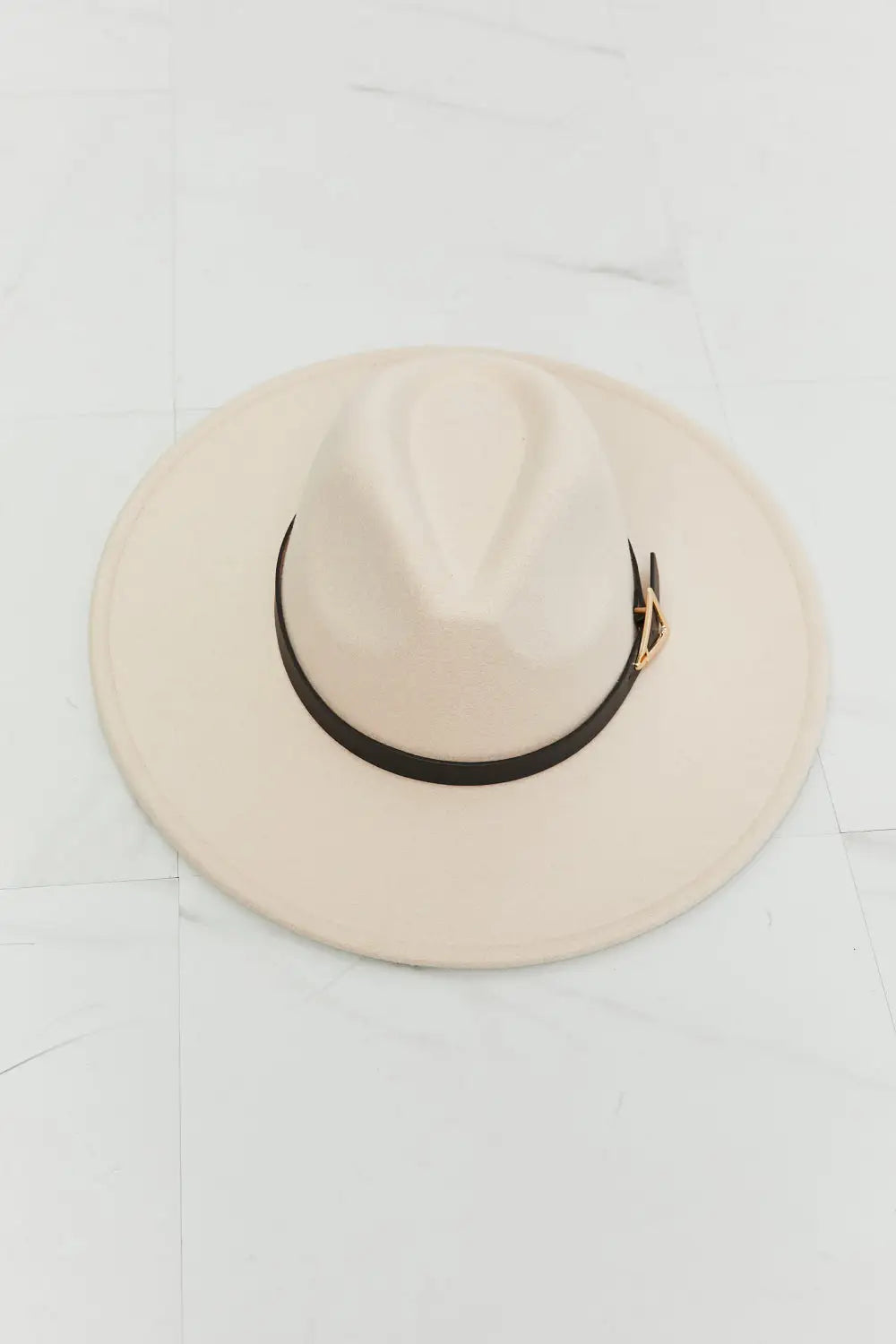 Cream-colored Felt Fedora Hat with Brown Leather Belt and Buckle for Fame Ride Along Fedora