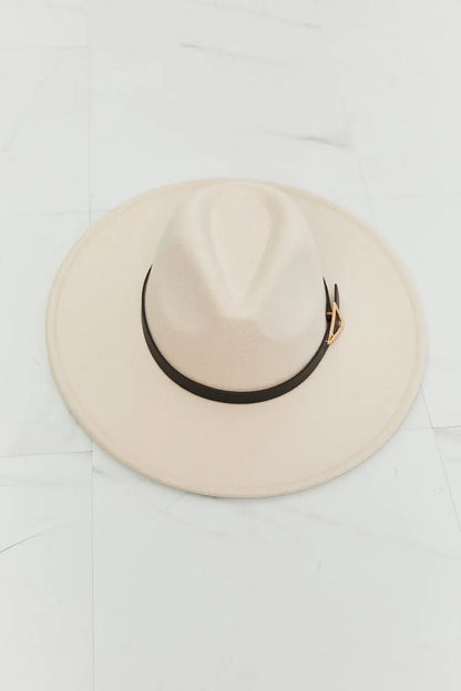 Cream-colored Felt Fedora Hat with Brown Leather Belt and Buckle for Fame Ride Along Fedora