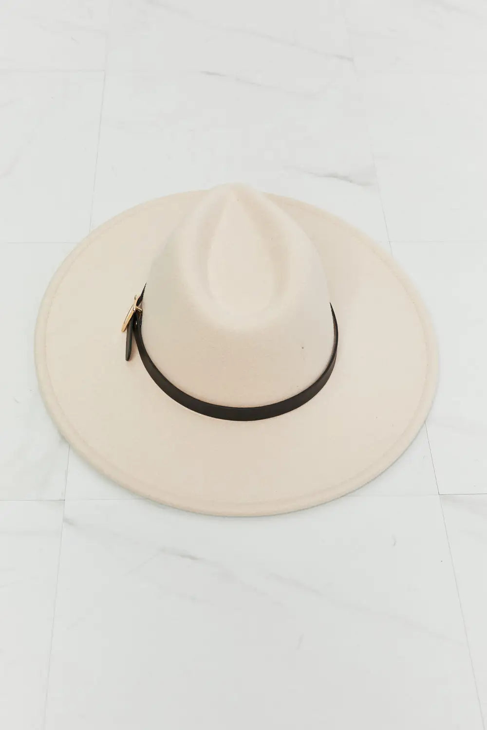 Cream-colored Felt Fedora Hat with Brown Leather Band and Zipper Detail for Western Style