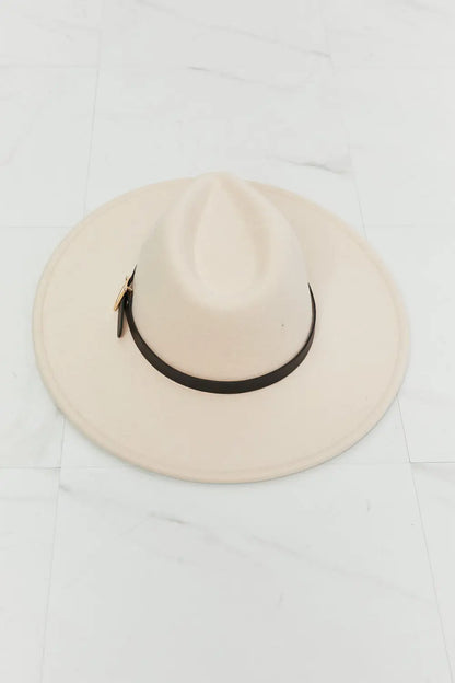 Cream-colored Felt Fedora Hat with Brown Leather Band and Zipper Detail for Western Style