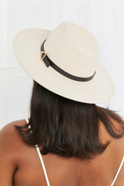 Cream-colored wide-brimmed Fedora Hat with black ribbon and bow, stylish faux leather detail