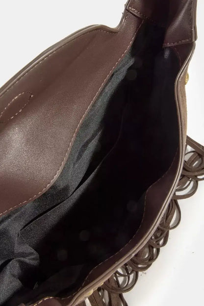 Fame Rivet Trim Suede Fringe Shoulder Bag
