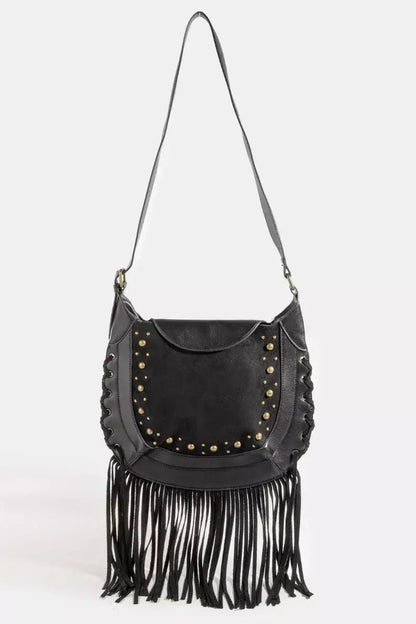 Fame Rivet Trim Suede Fringe Shoulder Bag - BK / one size