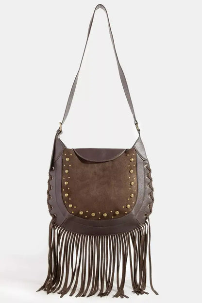 Fame Rivet Trim Suede Fringe Shoulder Bag - DBR / one size