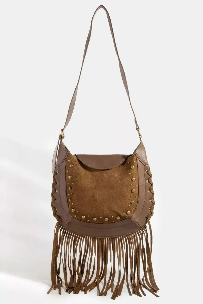 Fame Rivet Trim Suede Fringe Shoulder Bag - LBR / one size