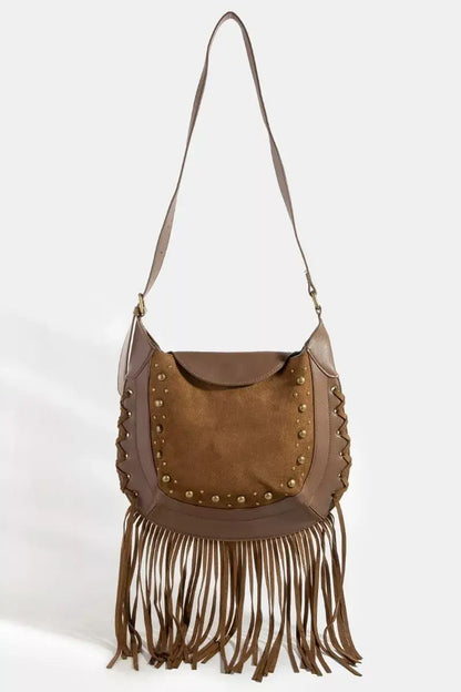 Fame Rivet Trim Suede Fringe Shoulder Bag - LBR / one size