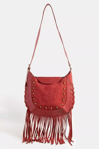 Fame Rivet Trim Suede Fringe Shoulder Bag - RD / one size