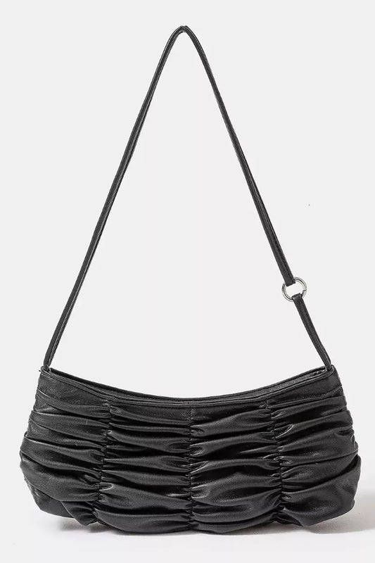 Fame Segmented Pleated Faux Leather Hand Bag - BK / one size