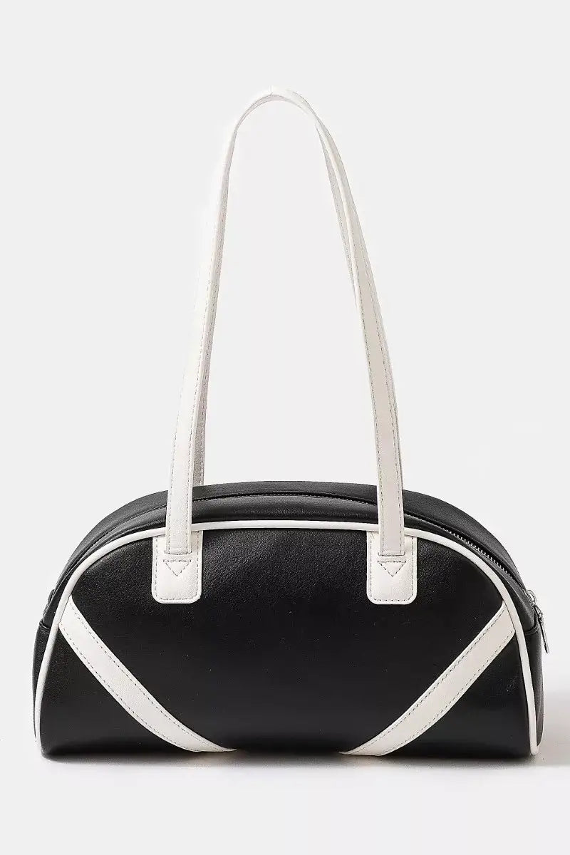 Fame Stripe Accent Faux Leather Hand Bag - BLACK / OS - Leather Hand Bag